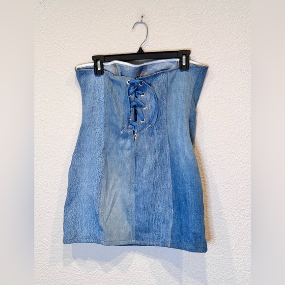 NWT $398 EB Denim Strapless denim mini dress patchwork Taylor swift blue corset - Picture 11 of 13